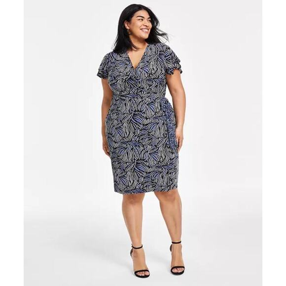 Anne Klein Faux-Wrap Flutter Sleeve Floral Print Dress Multi-Color 3X - Picture 3 of 10